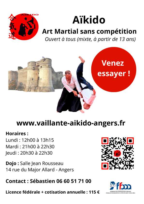 Affiche du club : Aïkido, art martial sans compétition, ouvert à tous dès 13 ans, horaires et tarif